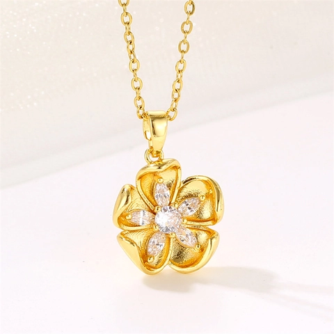 Flower Pendant Necklace 18K Gold Plated Stainless Steel Zirconia Flower Bud Simple French Style Jewelry For Women