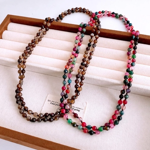 Vintage Natural Agate Beaded Long Necklace Faceted Round Stone Sweater Chain Ethnic Boho Style Jewelry For Women
