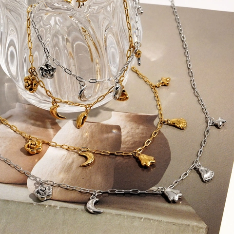 Gioielli In Acciaio Inossidabile Placcato Oro PVD Collana E Bracciale Con Ciondoli Fiore Luna Fantasma Impronta Per Donna Moda