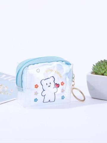 Cute Transparent PVC Coin Purse Mini Cartoon Bear Zippered Storage Bag With Keychain Hook For Women Girls Waterproof