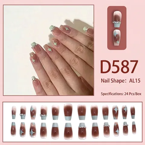 Green French Almond Press On Nails With Star Pattern And Rhinestones Sparkling Artificial Fingernails For Women