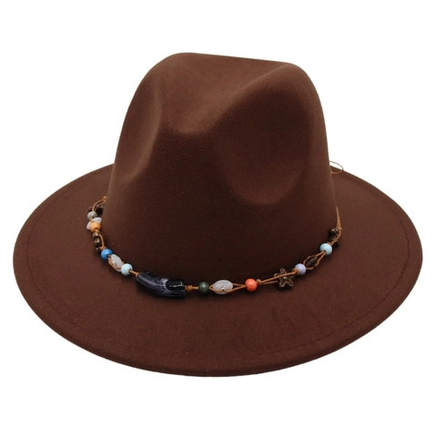 Fedora Hat Wool Felt Wide Brim Beaded Band Bohemian Vintage British Style Jazz Cap For Men Women