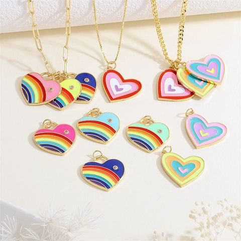 Colgante Corazón Esmalte Colorido Cobre Chapado En Oro Con Circón Accesorios Creación Joyas DIY Estilo Dulce Para Mujer