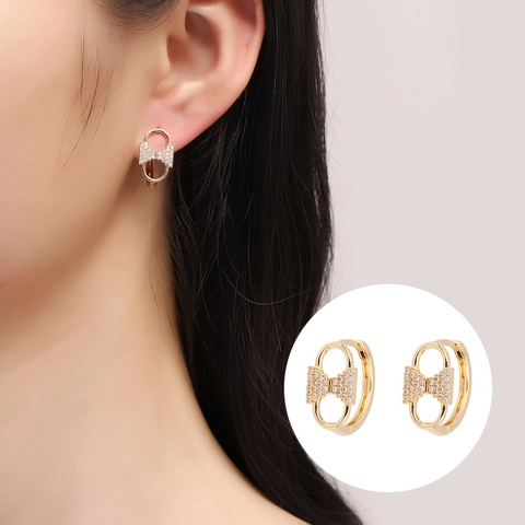 French Vintage Zirconia Bowknot Geometric Stud Earrings With 925 Sterling Silver Earring Post Copper Inlaid Jewelry For Women