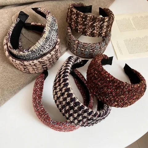 French Style Knitted Tweed Wide Headband Retro Elegant High Top Padded Hair Band Vintage Fabric Headwear For Women Girls