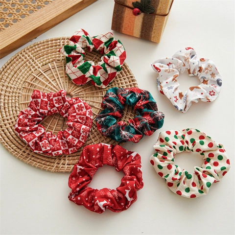 Christmas Hair Scrunchies Fabric Elastic Bow Knot Rabbit Ears Hair Ties Snowflake Reindeer Plaid Holiday Headwear For Girls