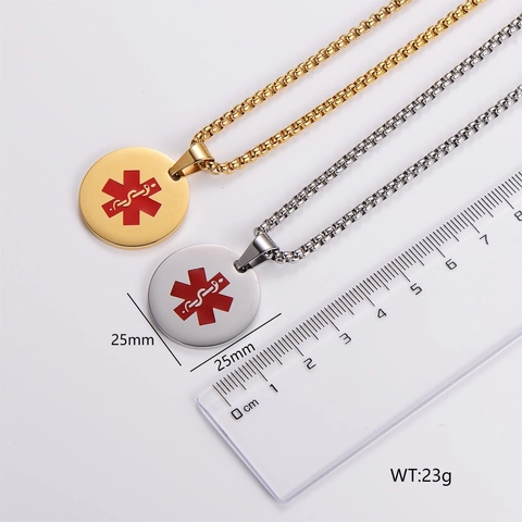 Collar ID Alerta Médica Acero Inoxidable 316L Colgante Redondo Estrella De Vida Cadena Larga Joyería Emergencia Hombre Mujer