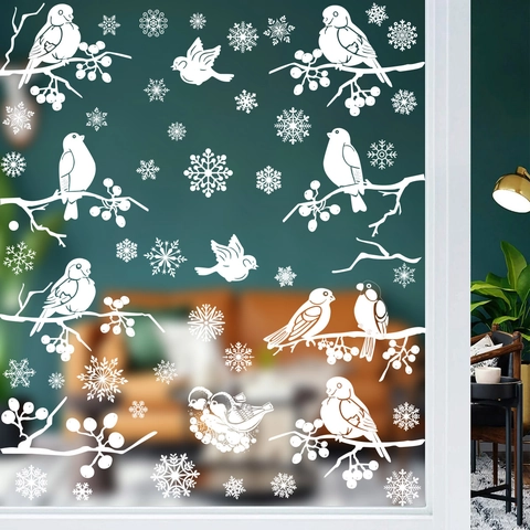 Christmas Window Clings Static Stickers White Snowflake Bird Reusable PVC Decals Holiday Party Glass Home Decor Winter Theme