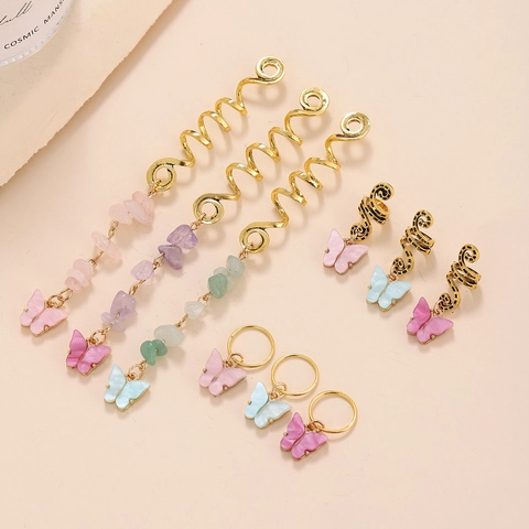 Butterfly Braid Jewelry Gold Spiral Hair Clips And Rings With Resin Pendants Colorful Crystal Stone Ethnic Retro Style For Women
