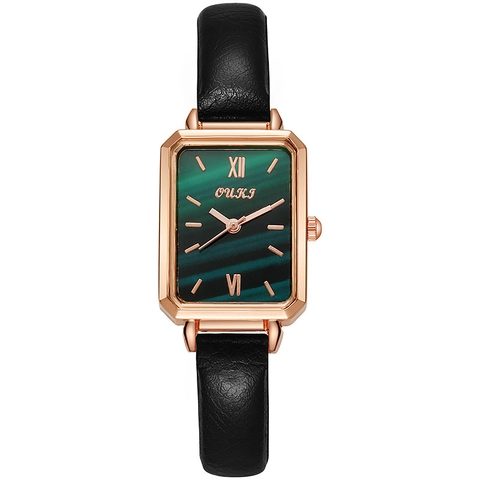 Vintage Women Rectangular Quartz Watch Alloy Case Green Marble Dial PU Leather Strap Fashion Elegant Ladies Wristwatch