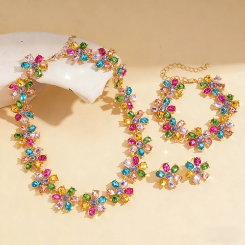 Collana Con Ciondolo A Fiore Vintage Orecchini Strass Colorati Cristalli Perno In Argento Lega Per Donna Lusso