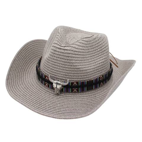 Western-Cowboy-Strohhut Mit Stierschädel Metall-Dekor Ethno-Webband Breiter Krempe Sonnenschutz Strand Sommer Modehut Für Damen Herren