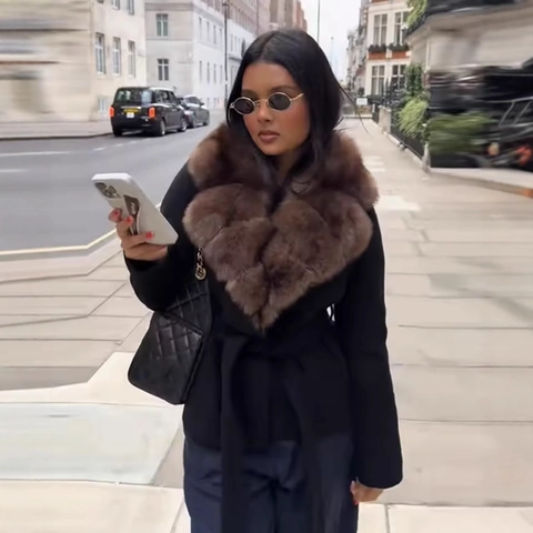 Elegante Abrigo De Lana Para Mujer Con Cuello De Piel Sintética Cinturón Largo Medio Ropa De Invierno Elegante Color Sólido
