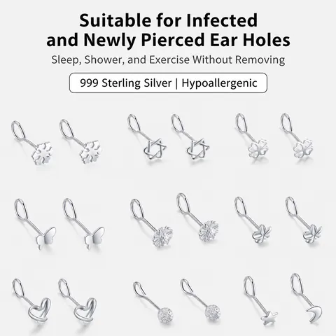 Pendientes de Botón de Plata Fina S999 para Mujer Strass Corazón Trébol Mariposa Copo de Nieve Estrella Minimalistas