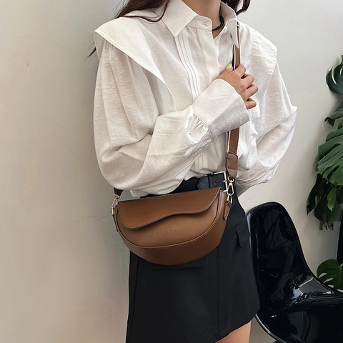 Vintage PU Leder Satteltasche Crossbody Tasche Für Damen Breiter Stoff Schultergurt Mode Unterachseltasche Täglich