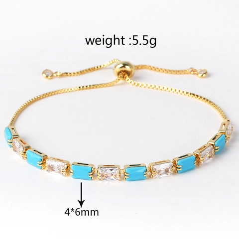 Turquoise And Cubic Zirconia Rectangular Bracelet Brass Adjustable Slider Chain Elegant Hand Jewelry For Women
