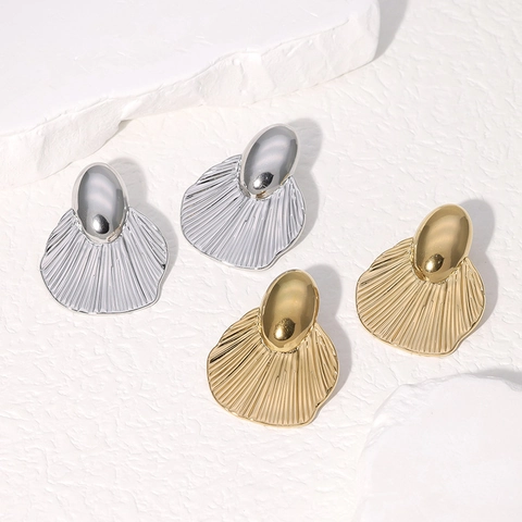 Pendientes De Cáscara De Ventilador De Acero Inoxidable Minimalista Con Textura Acanalada Tachuelas Geométricas Vintage Mujer