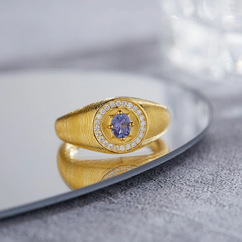 Vintage S925 Sterling Silver Natural Tanzanite Open Ring For Women Gold Plated Brushed Zirconia Inlaid Luxury Gemstone Ring