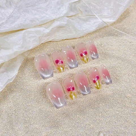 Handgefertigte Künstliche Nägel Zum Aufdrücken Rosa Blush Tulpe Blume Katzenauge Design Kurze Sargform Damen Profi Nagelkunst Set