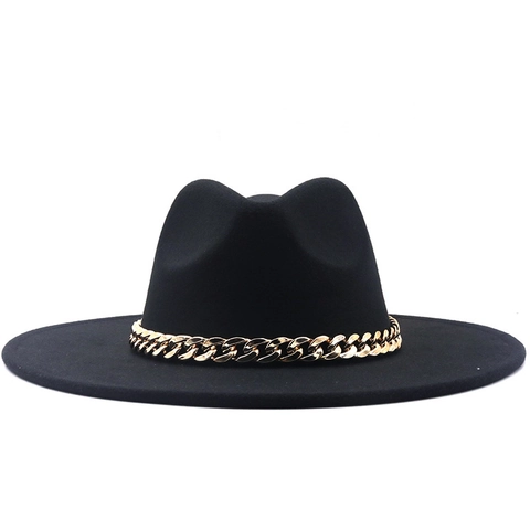 Damen Mode Kaschmir Fedora Hut Mit Goldener Grober Kette Breiter Krempe Vintage Jazz-Kappe Für Winter Herbst Party Streetwear