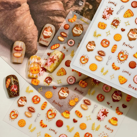 Nagelkunst Aufkleber 5D Relief Geprägt Bäckerei Brot Kaffee Dessert Design Süße Cartoon Vintage Maniküre Dekor