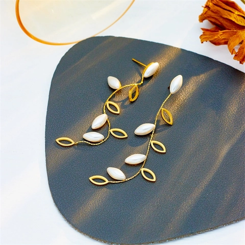 Korean Elegant Gold Titanium Steel Hollow Willow Leaf Dangle Earrings With Artificial Pearl Long Drop Earrings For Women Jewelry