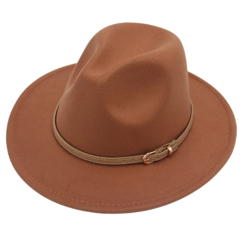 Classic Fedora Hat Wool Felt Wide Brim Jazz Cap Vintage Solid Color With Leather Belt Metal Buckle For Men Women