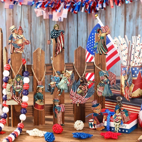 Independence Day Patriotic Wood Hanging Ornaments Star Shape Retro American Flag Theme July Fourth Party Home Decor