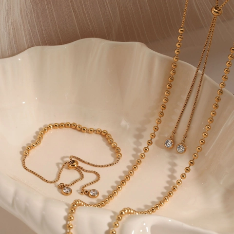 Joyas De Collar Y Pulsera De Cuentas Redondas Ajustables De Acero Inoxidable Con Dijes De Zircón Para Mujer