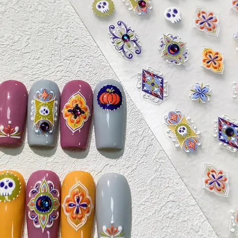 5D Relief Nail Art Stickers Halloween Skeleton Pumpkin Baroque Style Adhesive Decals With Rhinestones For Women DIY