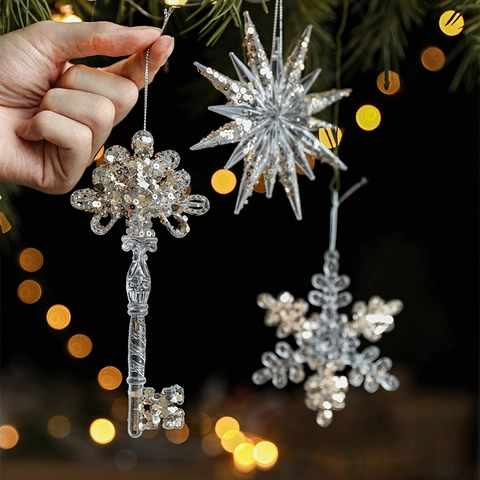 Christmas Tree Hanging Ornaments Clear Acrylic Crystal Snowflake Reindeer Star Key Glitter Festive Holiday Decor