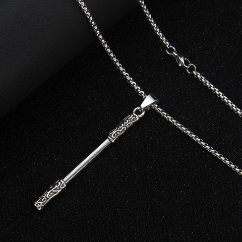 Collier Pendentif Bâton Alliage Gravé Bâton Chaîne Boîte En Acier Inoxydable Bijoux Style Chinois Rétro Pour Hommes