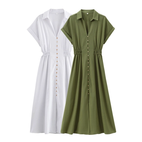 Vestido Largo Tipo Camisa Mujer Manga Corta Cuello V Botones Cintura Elástica Color Sólido Casual Elegante Textura Lino