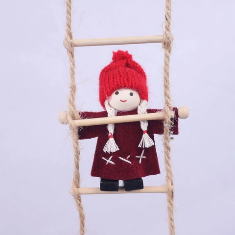 Decorazione Sospesa Figurine Elfi Di Natale Arrampicanti Feltro Di Lana Stile Nordico Ornamenti Con Scala Di Legno Corda