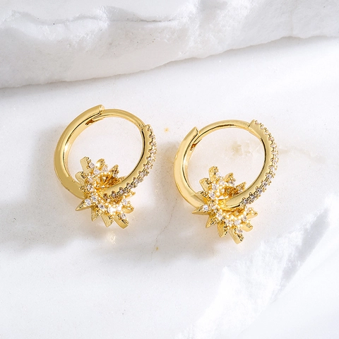 Orecchini A Cerchio In Rame Placcato Oro 18K Con Zirconi E Pietre Colorate Smalto Sole Luna Stella Stile Geometrico Per Donne