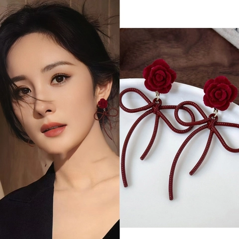 Red Flocking Rose Flower Bow Drop Earrings With 925 Sterling Silver Earring Post Vintage French Style Women