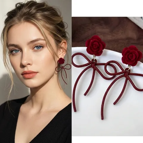Boucles D'oreilles Pendantes Rose Rouge Nœud Avec Tige En Argent Sterling 925 Style Français Vintage Femmes