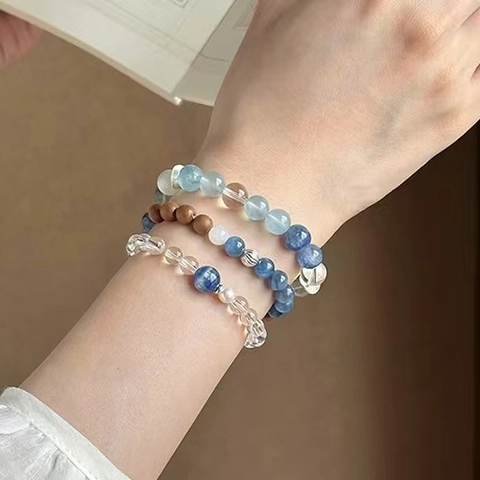 Bergkristall Perlenarmband Für Damen Mit Blauer Künstlicher Perle Mode Einfacher Elastischer Handschmuck Geschenk
