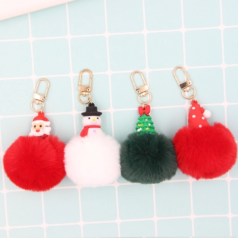 Christmas Theme Plush Ball Keychain Santa Claus Snowman Tree Pendant Keyring Bag Charm Holiday Gift For Women Men
