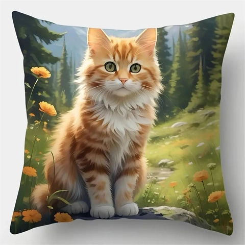 Modern Cute Cat Animal Print Pillow Cover Polyester Floral Art Illustration For Home Sofa Bedroom Decor