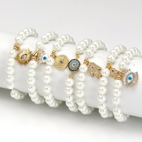 Damen Vintage Künstliche Perle Armband Mit Böser Blick Hand Der Fatima Herz Anhänger Gold Legierung Strass Perlen Schmuck