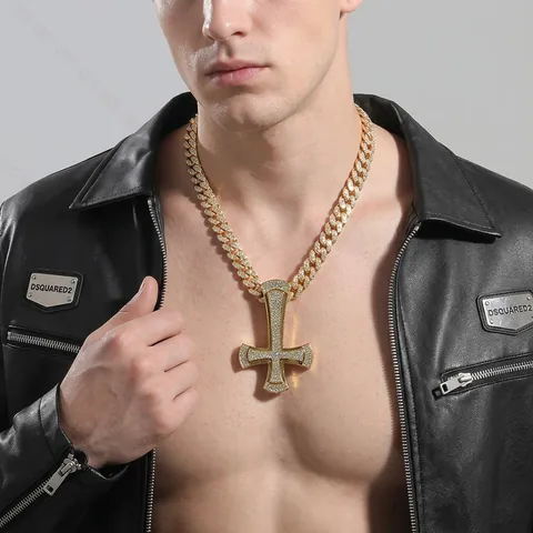 Collana Con Pendente A Croce Rovesciata Iced Out Hip Hop Lega Strass Catena Cubana Gioielli Rock Streetwear Uomo