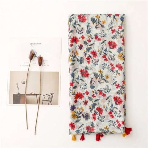 Women Floral Print Tassel Scarf Voile Lightweight Shawl Sun Protection Soft Wrap Elegant Pastoral Style For Summer