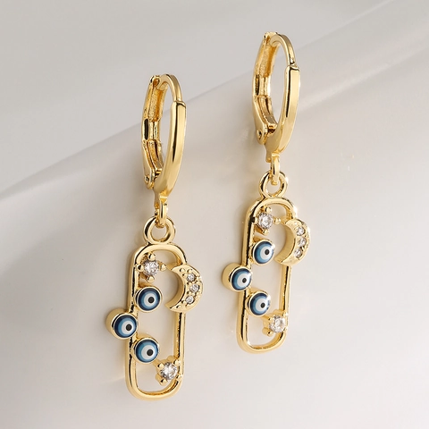 Evil Eye Mond Stern Ohrhänger Vergoldetes Kupfer Mit Zirkon Und Emaille Geometrischer Schmuck Für Damen