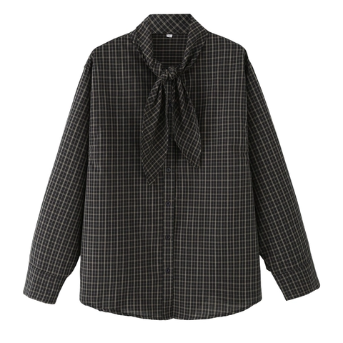 Women Cotton Plaid Shirt Long Sleeve Tie Neck Bowknot Loose Casual Button Down Check Blouse Elegant Tops