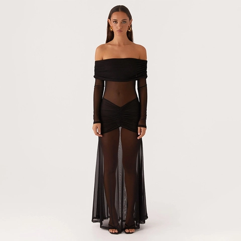 Vestito Lungo Patchwork In Rete Nero Spalle Scoperte Arricciato Maniche Lunghe Sexy Aderente Elegante Da Sera