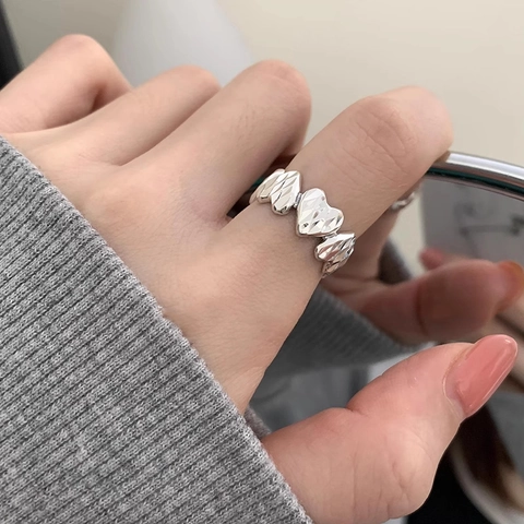 Women Minimalist Heart Shaped Copper Ring Adjustable Silver Color Metallic Faceted Fashion Jewelry Ring For Daily Dating