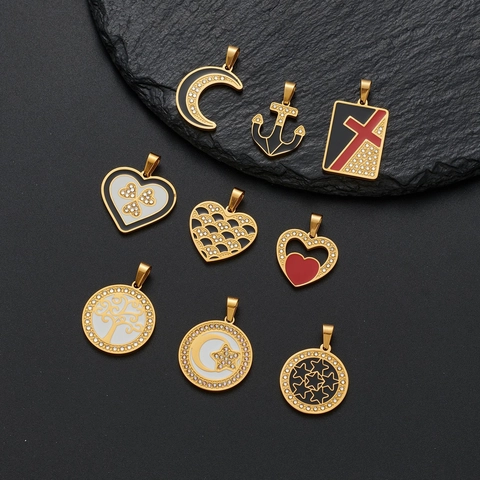 Stainless Steel Pendant Necklace 18K Gold Plated Enamel Rhinestone Tree Of Life Heart Moon Star Jewelry For Women