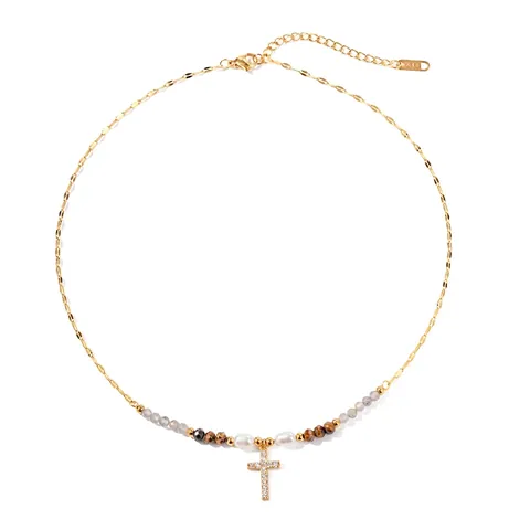 Collana Con Ciondolo A Croce Acciaio Inossidabile Placcato Oro 18K Con Perla D'acqua Dolce E Zircone Catena Di Perline Per Donna