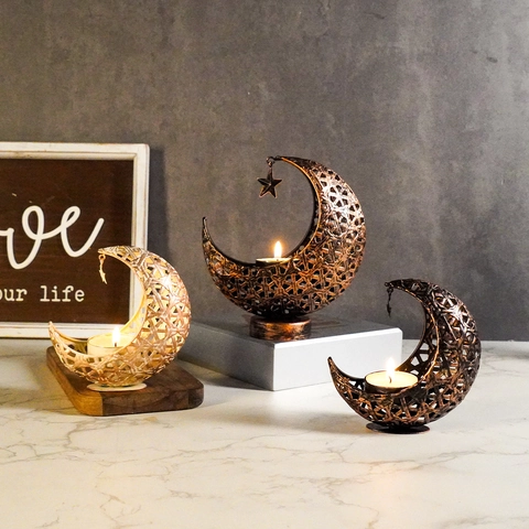 Moon Candle Holder Iron Hollow Crescent Shape With Star Pendant Vintage Ramadan Desktop Ornament Tealight Tray Home Decor